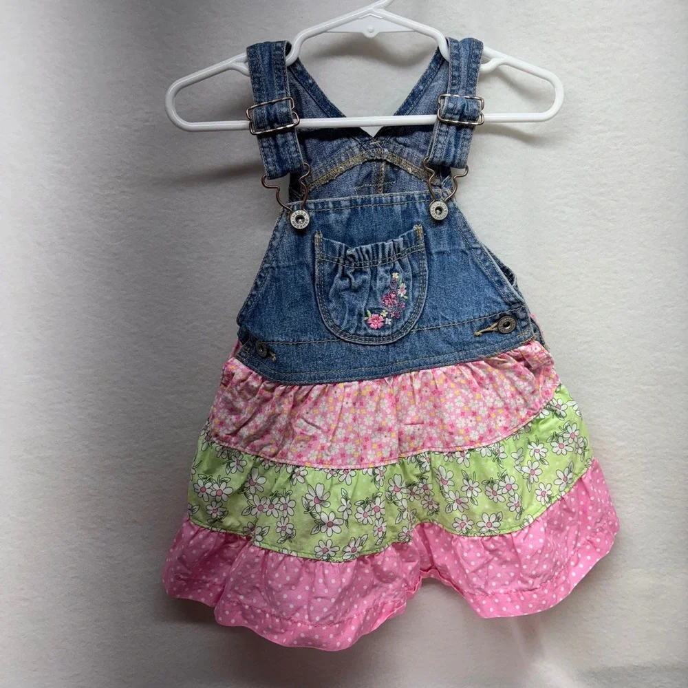 OshKosh B'gosh Baby Girls Denim Overalls Dress‎ Tiered Floral Ruffle Pink Green